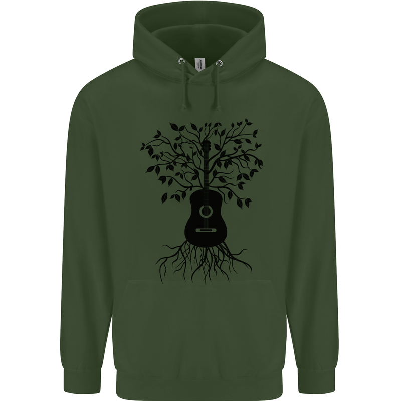 Acoustic Guitar Tree Roots Guitarist Music Mens 80% Cotton Hoodie Forest Green