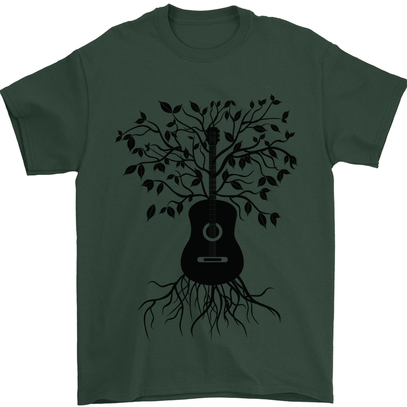 Acoustic Guitar Tree Roots Guitarist Music Mens T-Shirt Cotton Gildan Forest Green