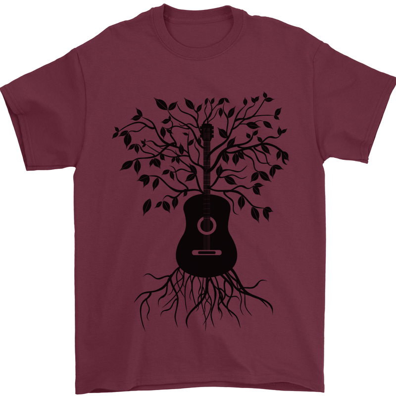 Acoustic Guitar Tree Roots Guitarist Music Mens T-Shirt Cotton Gildan Maroon