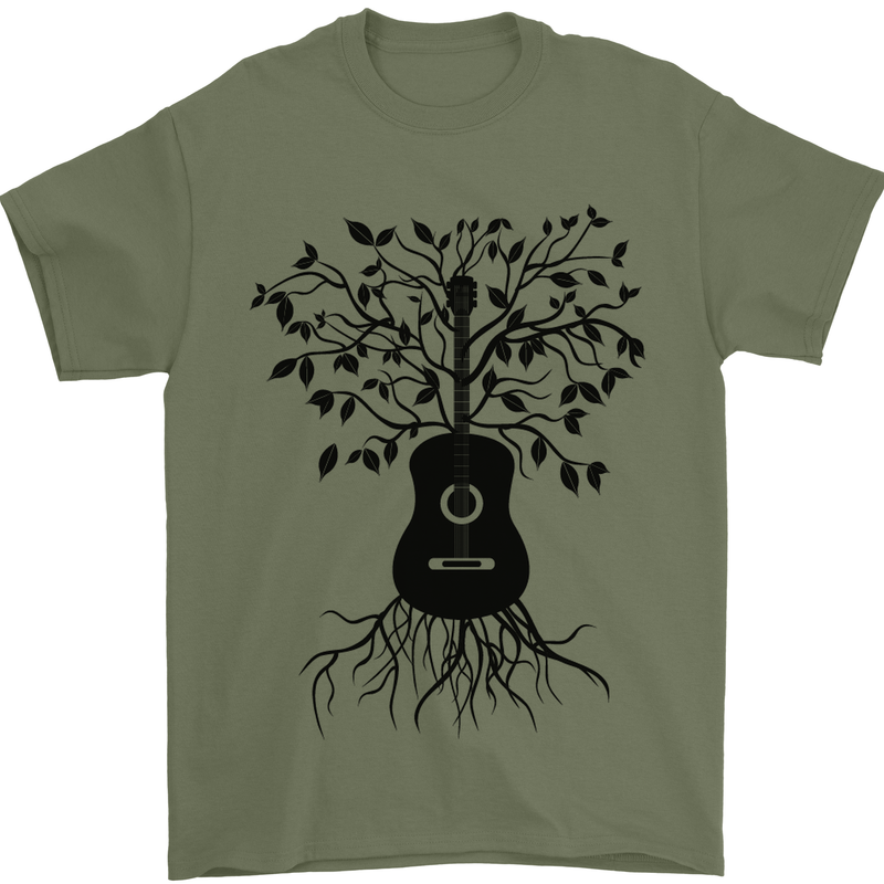 Acoustic Guitar Tree Roots Guitarist Music Mens T-Shirt Cotton Gildan Military Green