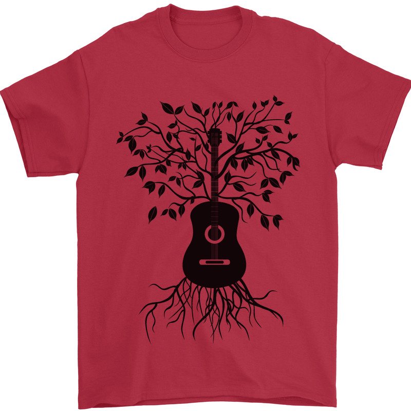 Acoustic Guitar Tree Roots Guitarist Music Mens T-Shirt Cotton Gildan Red
