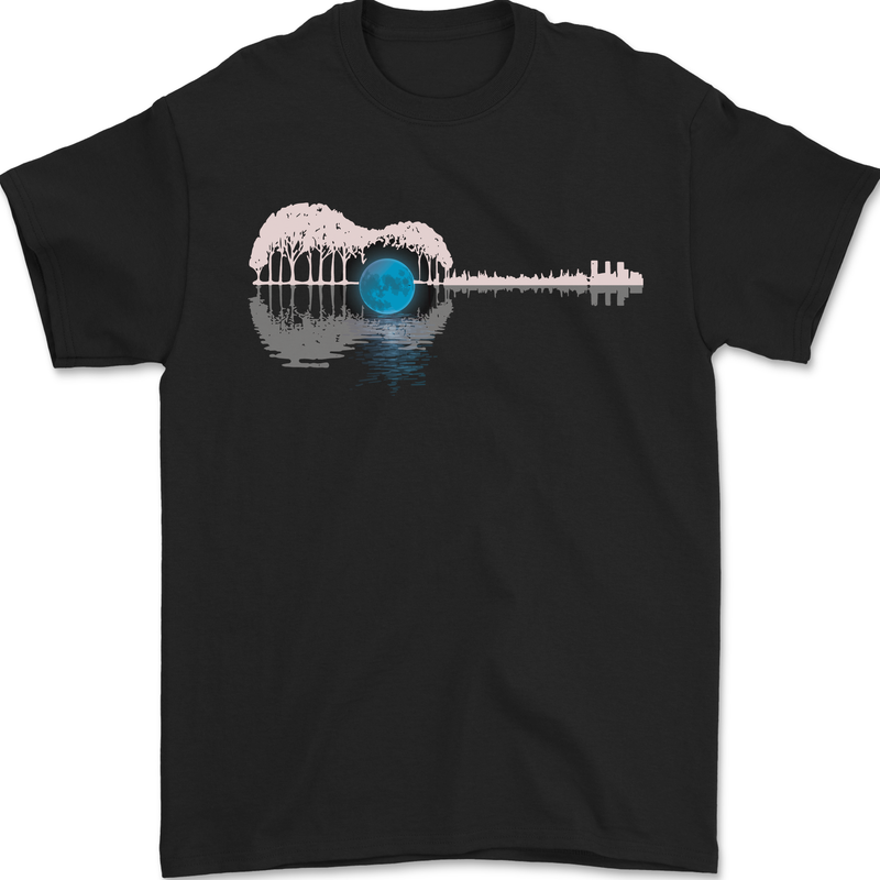 Acoustic Guitar Water Reflection Music Moon Mens T-Shirt 100% Cotton Black