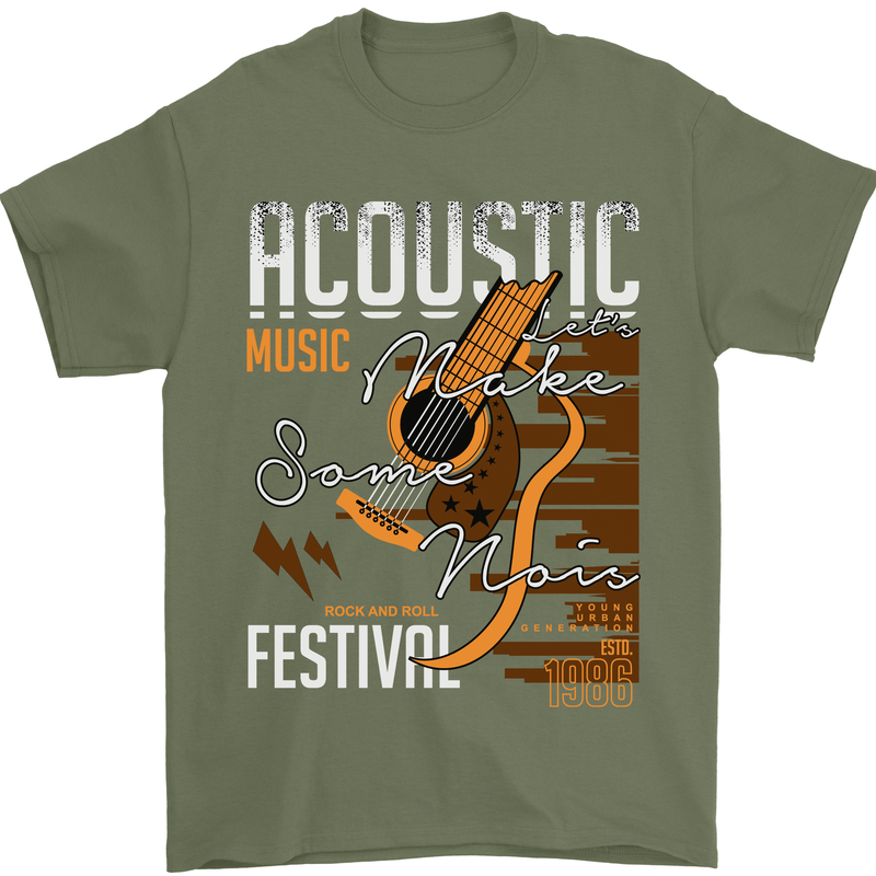 Acoustic Music Country & Western Guitar Mens T-Shirt 100% Cotton Military Green