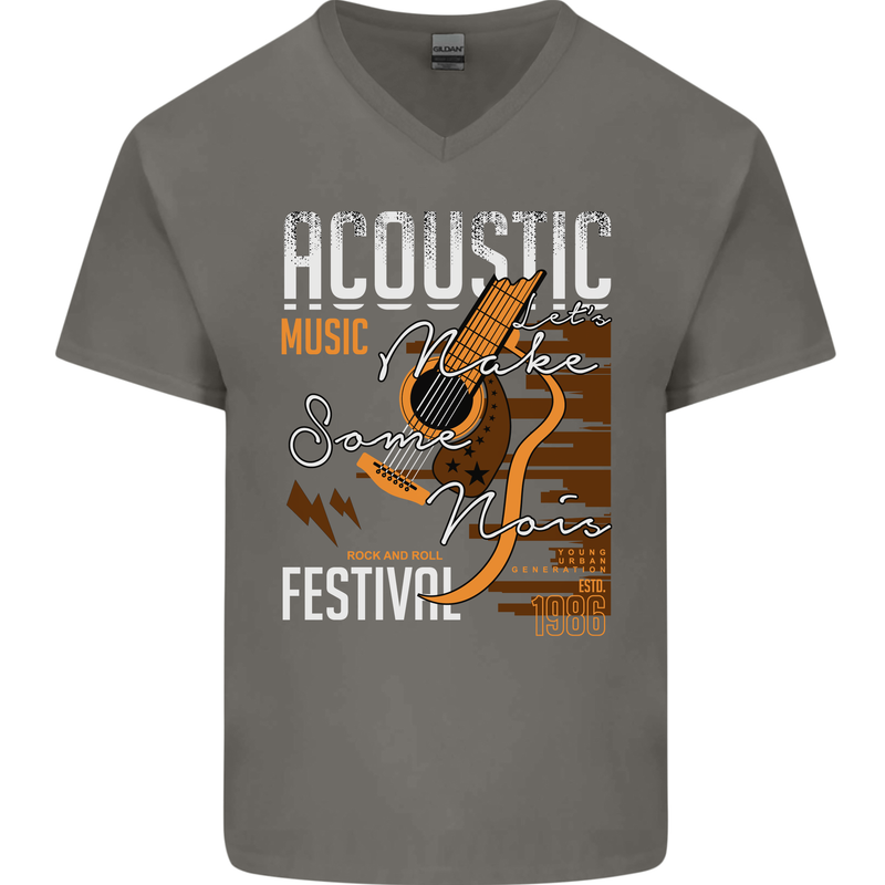 Acoustic Music Country & Western Guitar Mens V-Neck Cotton T-Shirt Charcoal