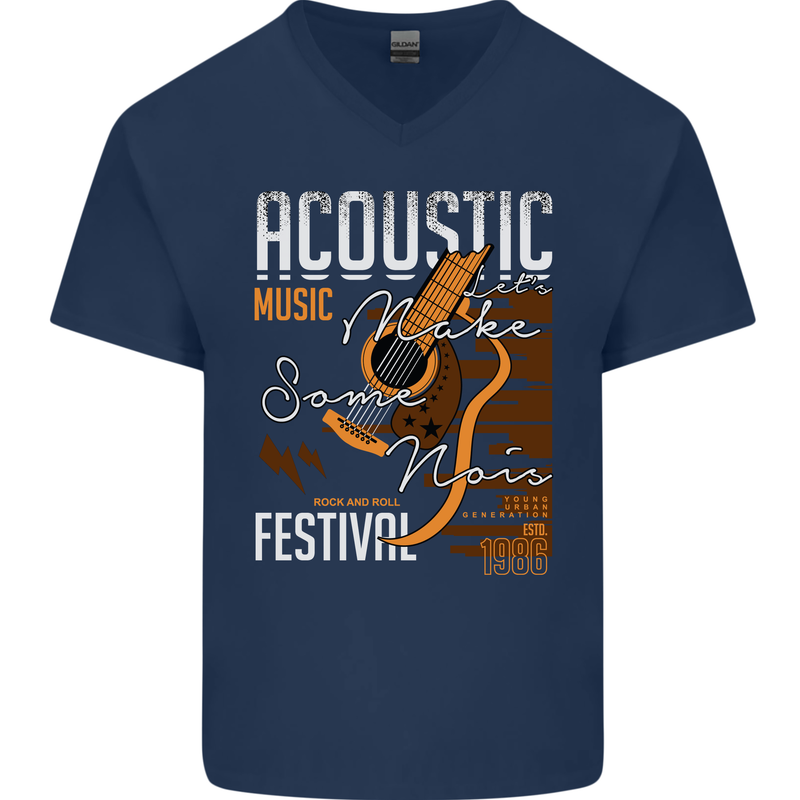 Acoustic Music Country & Western Guitar Mens V-Neck Cotton T-Shirt Navy Blue