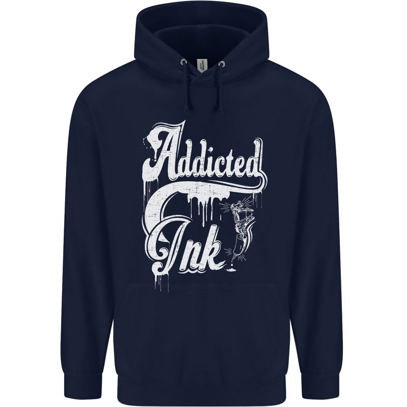 Addicted Ink Tattoo Tattooist Biker Art Mens 80% Cotton Hoodie Navy Blue