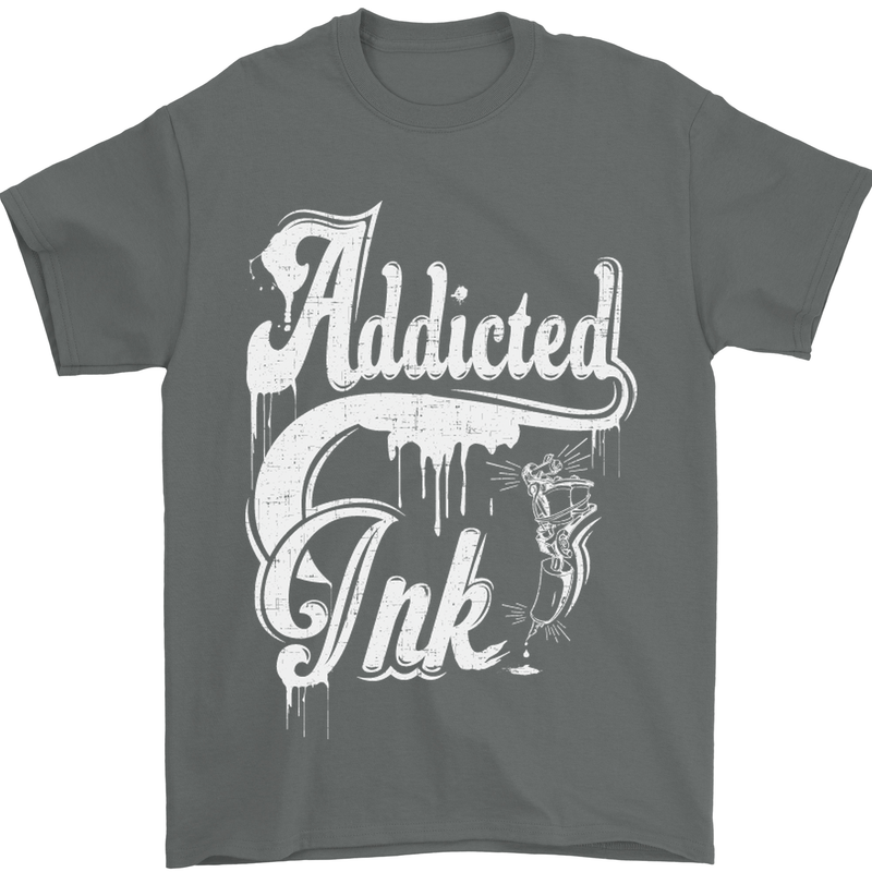 Addicted Ink Tattoo Tattooist Biker Art Mens T-Shirt Cotton Gildan Charcoal