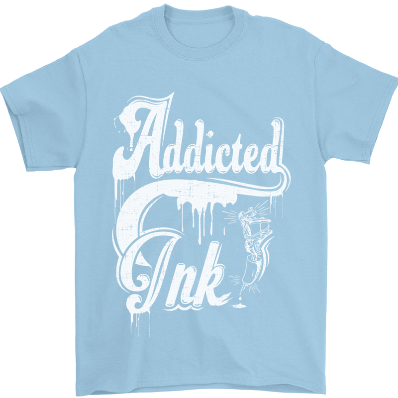 Addicted Ink Tattoo Tattooist Biker Art Mens T-Shirt Cotton Gildan Light Blue