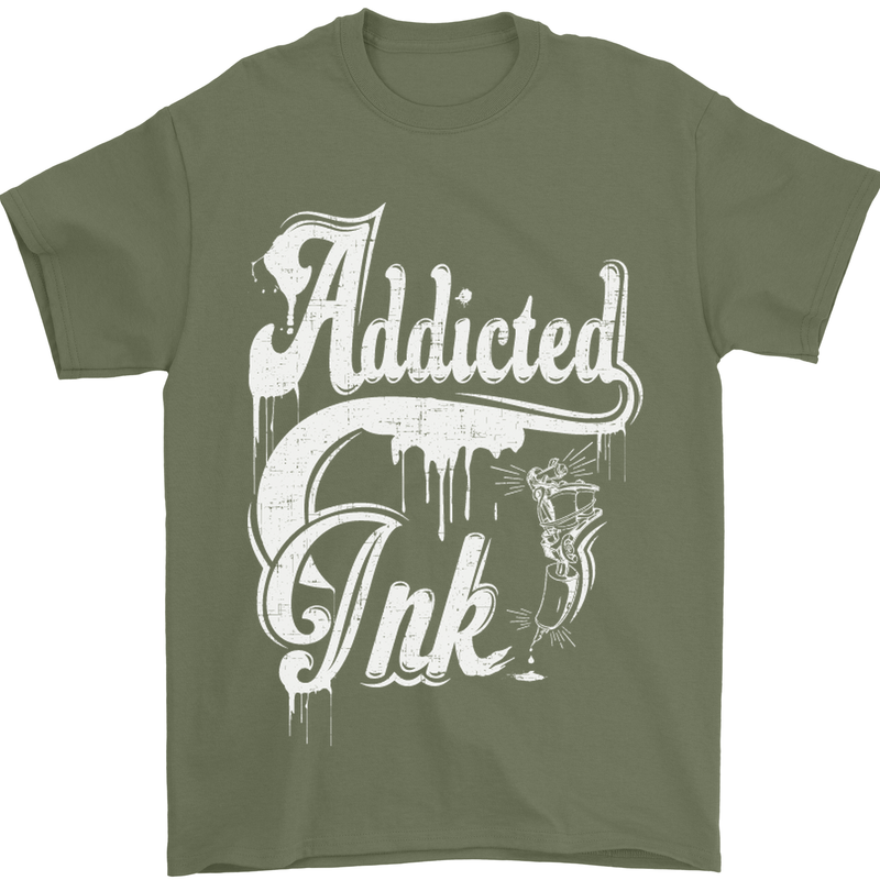 Addicted Ink Tattoo Tattooist Biker Art Mens T-Shirt Cotton Gildan Military Green