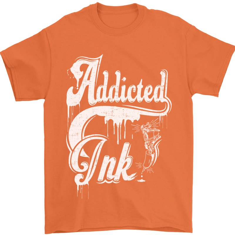 Addicted Ink Tattoo Tattooist Biker Art Mens T-Shirt Cotton Gildan Orange