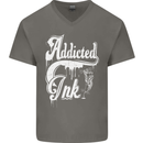 Addicted Ink Tattoo Tattooist Biker Art Mens V-Neck Cotton T-Shirt Charcoal