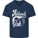 Addicted Ink Tattoo Tattooist Biker Art Mens V-Neck Cotton T-Shirt Navy Blue