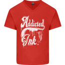 Addicted Ink Tattoo Tattooist Biker Art Mens V-Neck Cotton T-Shirt Red