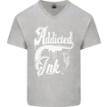 Addicted Ink Tattoo Tattooist Biker Art Mens V-Neck Cotton T-Shirt Sports Grey