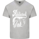 Addicted Ink Tattoo Tattooist Biker Art Mens V-Neck Cotton T-Shirt Sports Grey