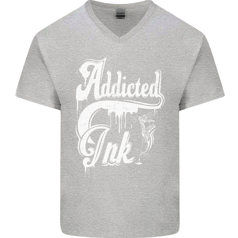 Addicted Ink Tattoo Tattooist Biker Art Mens V-Neck Cotton T-Shirt Sports Grey