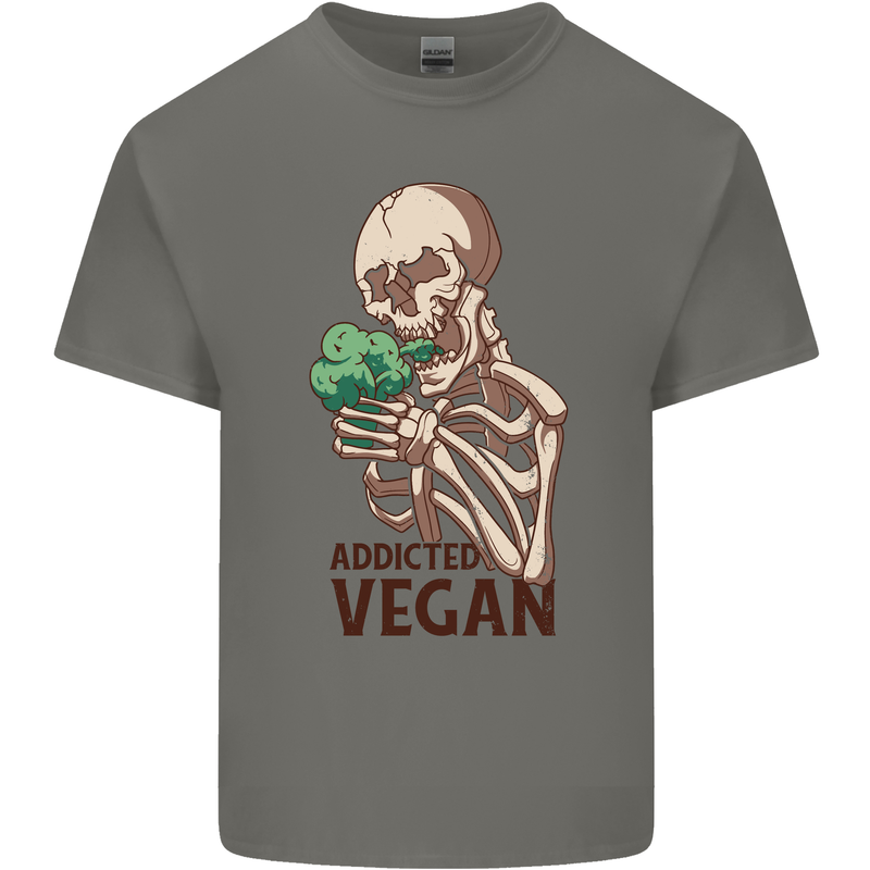 Addicted Vegan Skeleton Eating Vegetables Mens Cotton T-Shirt Tee Top Charcoal