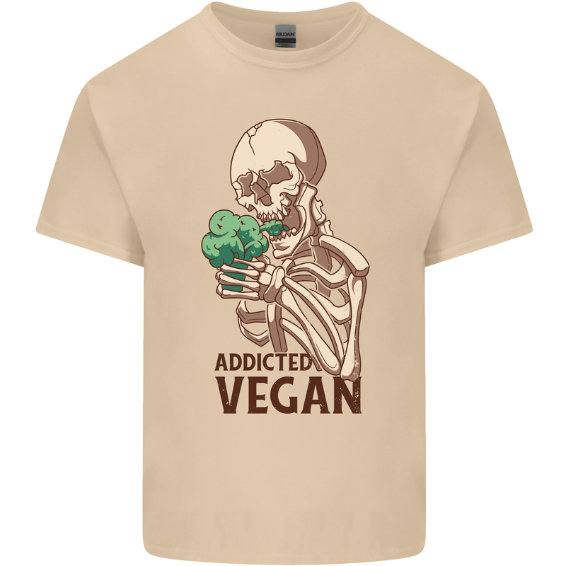 Addicted Vegan Skeleton Eating Vegetables Mens Cotton T-Shirt Tee Top Sand