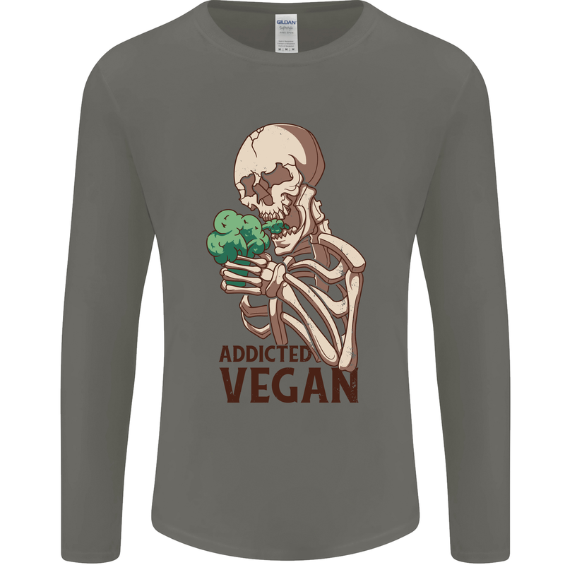 Addicted Vegan Skeleton Eating Vegetables Mens Long Sleeve T-Shirt Charcoal