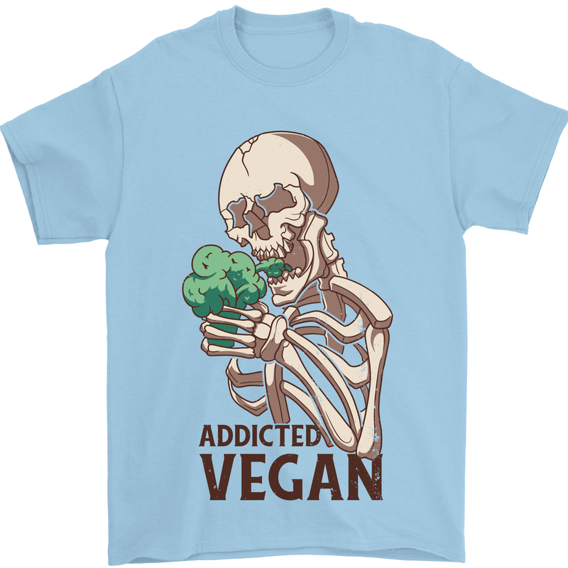 Addicted Vegan Skeleton Eating Vegetables Mens T-Shirt 100% Cotton Light Blue