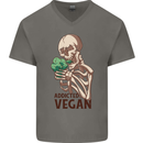 Addicted Vegan Skeleton Eating Vegetables Mens V-Neck Cotton T-Shirt Charcoal