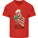 Addicted Vegan Skeleton Eating Vegetables Mens V-Neck Cotton T-Shirt Red