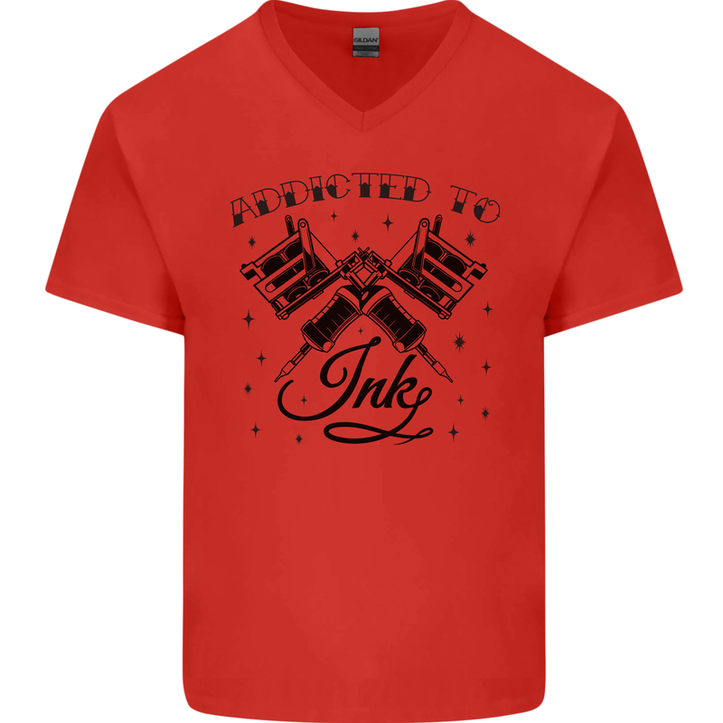Addicted to Ink Tattoo Artist Mens V-Neck Cotton T-Shirt Red