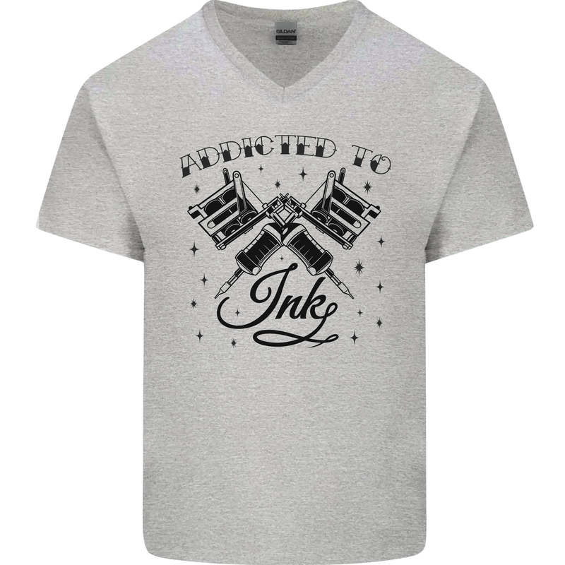 Addicted to Ink Tattoo Artist Mens V-Neck Cotton T-Shirt Sports Grey