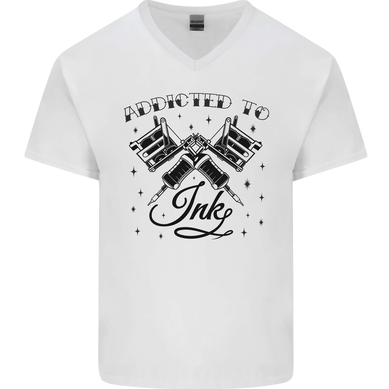 Addicted to Ink Tattoo Artist Mens V-Neck Cotton T-Shirt White