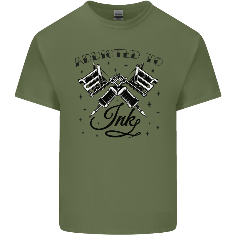 Addicted to Ink Tattoo Artist Tats Mens Cotton T-Shirt Tee Top Military Green