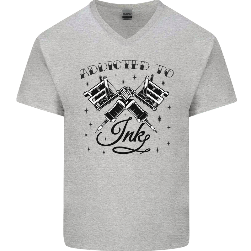 Addicted to Ink Tattoo Artist Tats Mens V-Neck Cotton T-Shirt Sports Grey