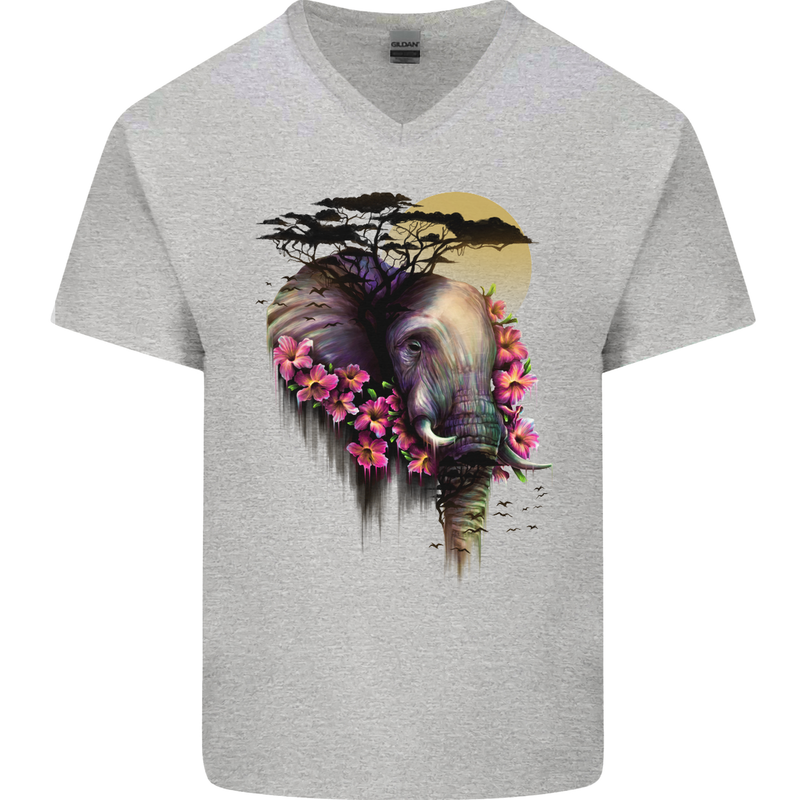 African Elephant Ecology Mens V-Neck Cotton T-Shirt Sports Grey