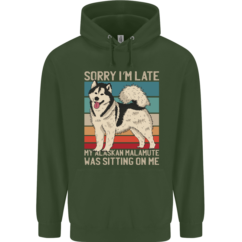 Alaskan Dog Sorry I'm Late Childrens Kids Hoodie Forest Green