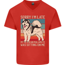 Alaskan Dog Sorry I'm Late Mens V-Neck Cotton T-Shirt Red