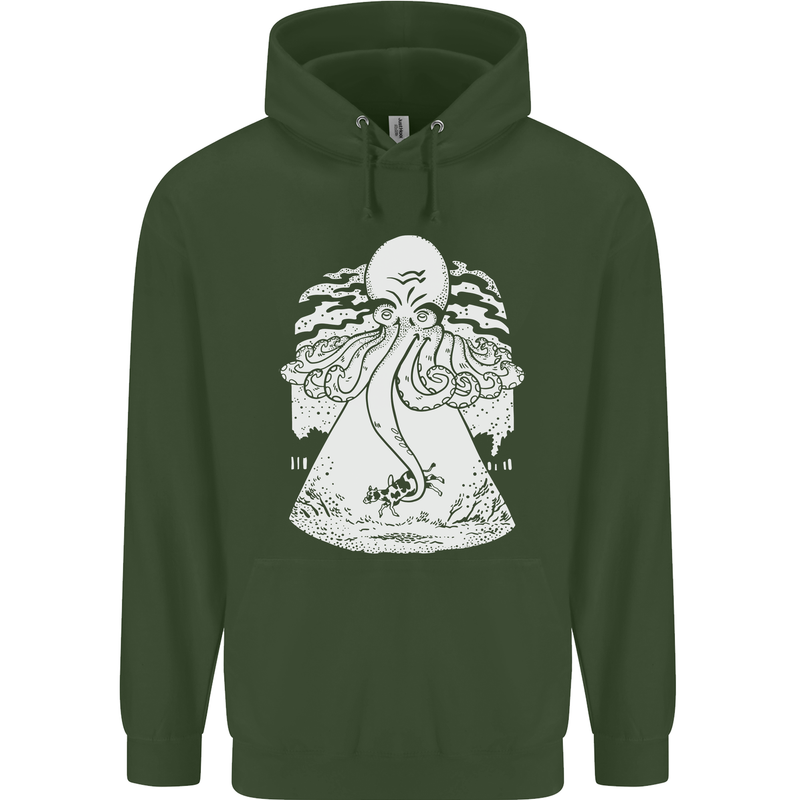 Alien Octopus Kraken Cthulhu Cow UFO Childrens Kids Hoodie Forest Green