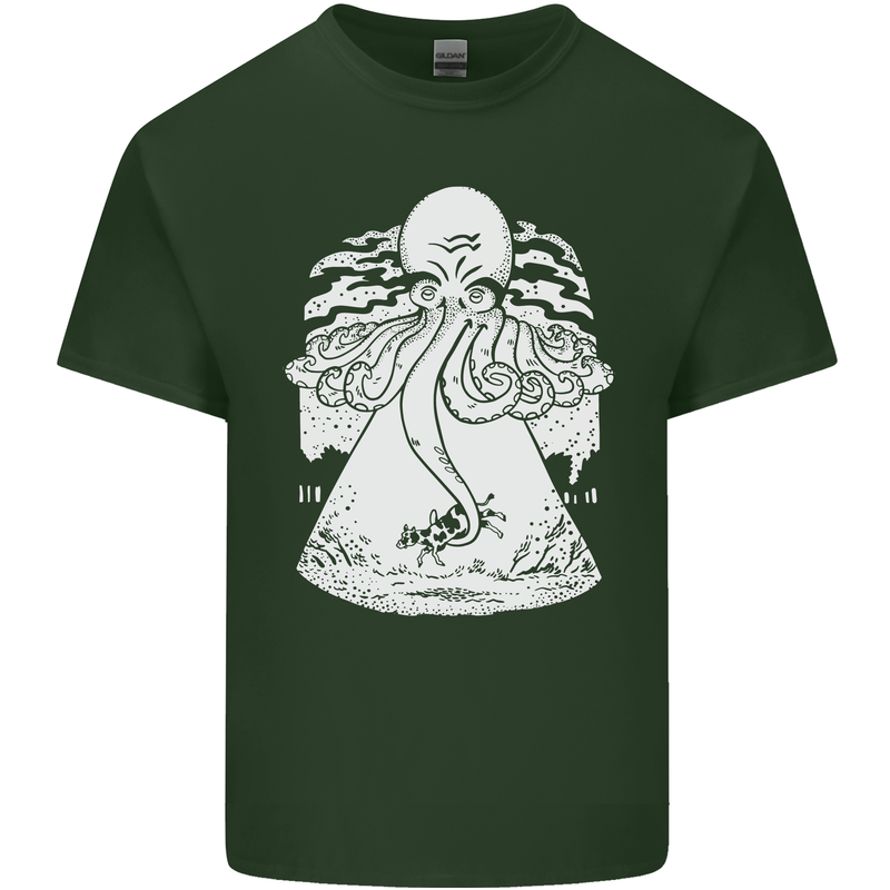 Alien Octopus Kraken Cthulhu Cow UFO Mens Cotton T-Shirt Tee Top Forest Green