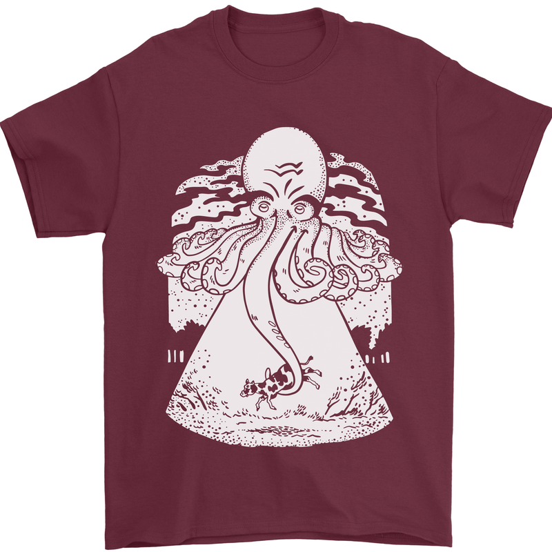 Alien Octopus Kraken Cthulhu Cow UFO Mens T-Shirt 100% Cotton Maroon