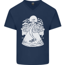 Alien Octopus Kraken Cthulhu Cow UFO Mens V-Neck Cotton T-Shirt Navy Blue