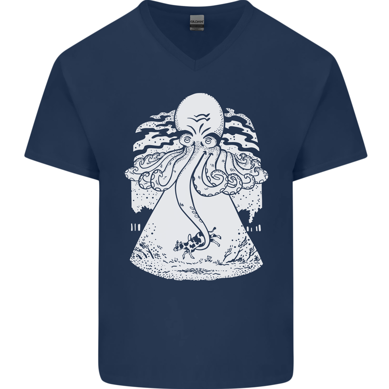 Alien Octopus Kraken Cthulhu Cow UFO Mens V-Neck Cotton T-Shirt Navy Blue