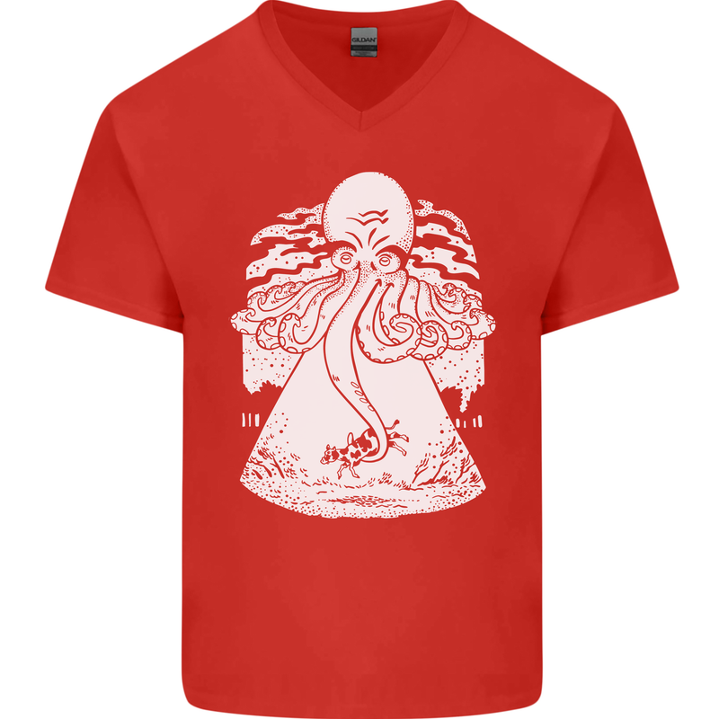 Alien Octopus Kraken Cthulhu Cow UFO Mens V-Neck Cotton T-Shirt Red