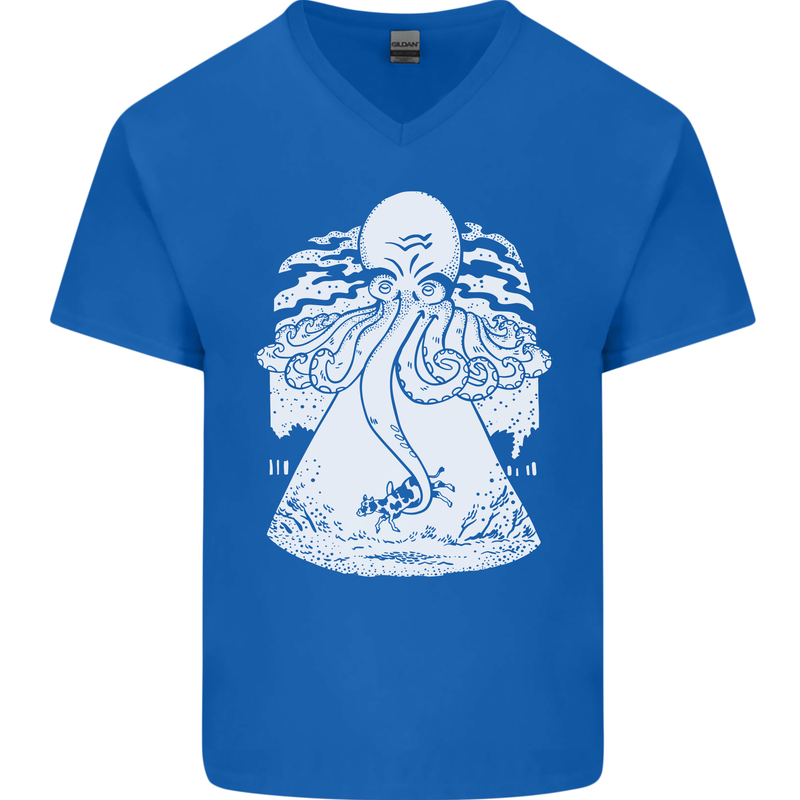 Alien Octopus Kraken Cthulhu Cow UFO Mens V-Neck Cotton T-Shirt Royal Blue