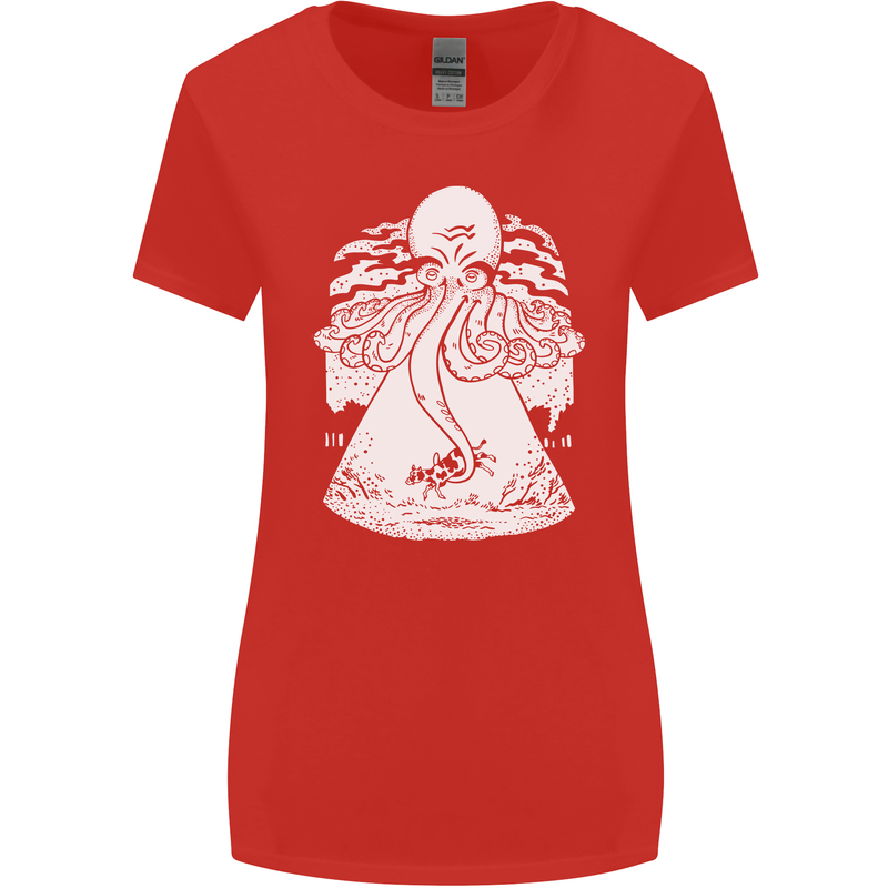 Alien Octopus Kraken Cthulhu Cow UFO Womens Wider Cut T-Shirt Red