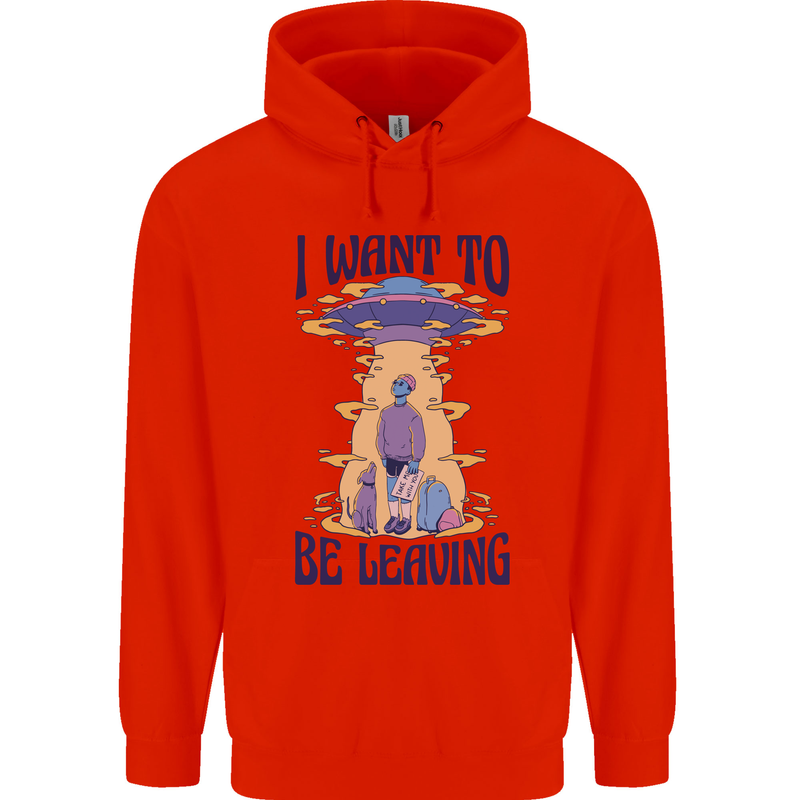 Alien UFO I Want to Be Leaving Childrens Kids Hoodie Bright Red