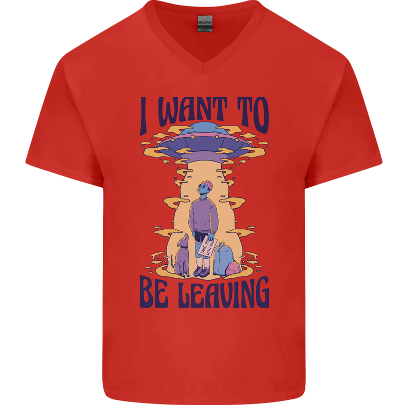 Alien UFO I Want to Be Leaving Mens V-Neck Cotton T-Shirt Red