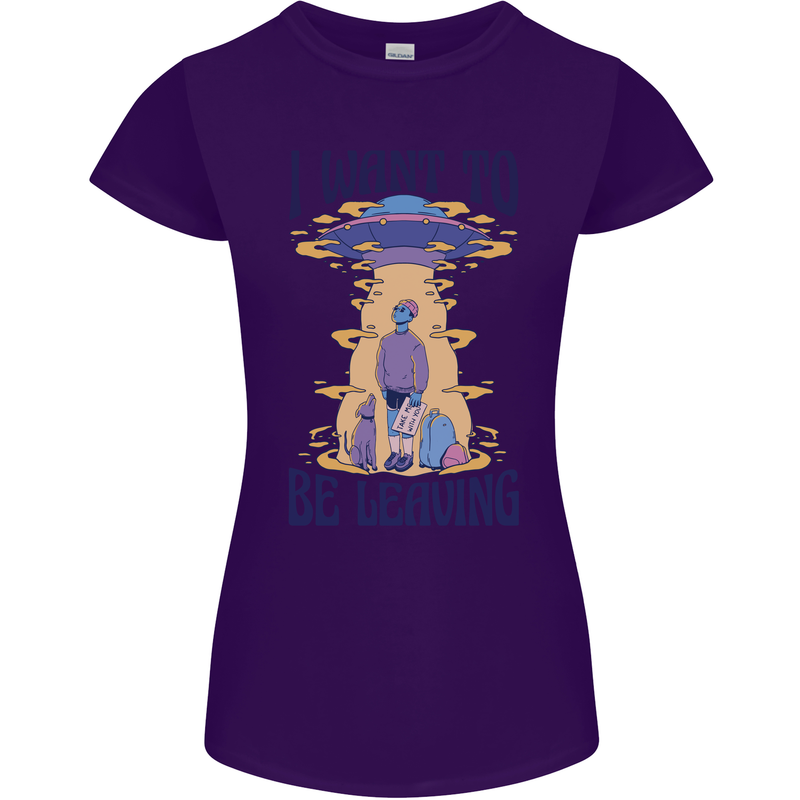 Alien UFO I Want to Be Leaving Womens Petite Cut T-Shirt Purple