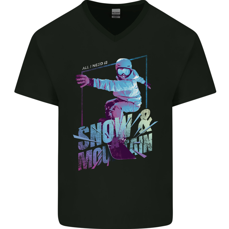 All I Need Is Snow and a Mountain Mens V-Neck Cotton T-Shirt Black