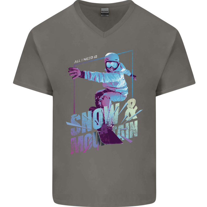 All I Need Is Snow and a Mountain Mens V-Neck Cotton T-Shirt Charcoal