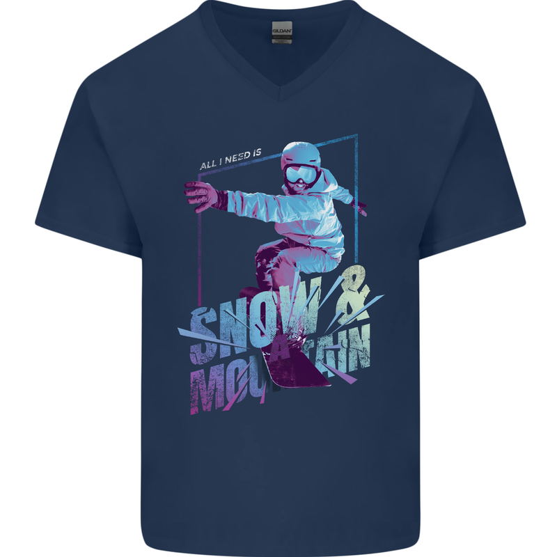 All I Need Is Snow and a Mountain Mens V-Neck Cotton T-Shirt Navy Blue