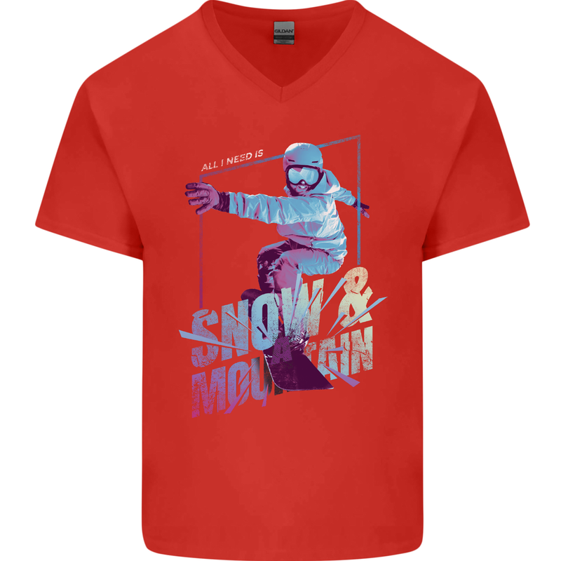 All I Need Is Snow and a Mountain Mens V-Neck Cotton T-Shirt Red