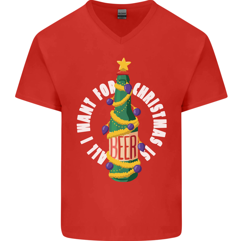 All I Want for Christmas Is Beer Mens V-Neck Cotton T-Shirt Red